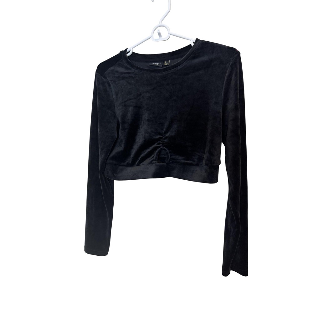 Only Shirt Womens Large Black Velvet Long Sleeve Cropped Ring Hem Top Ruched